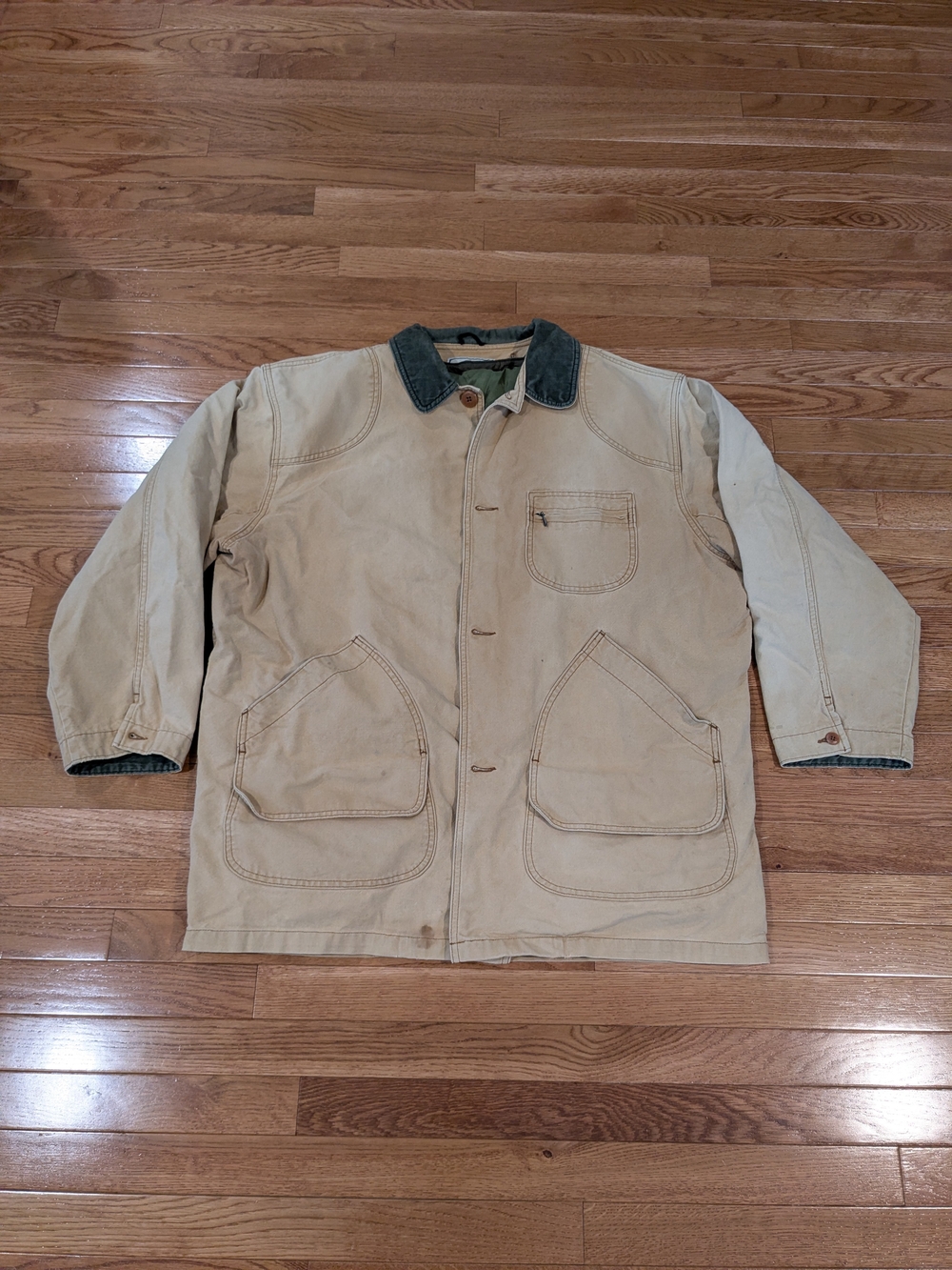 L.L. Bean Tan Beige Canvas Field Jacket with Removeable Green Corduroy Collar